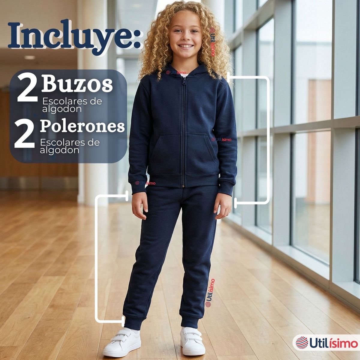 UTILISIMO - Pack 2 Conjuntos Escolares Buzo Pantalón Y Polerón 100% Algodón Niña Unisex Azul 3 a 16 años