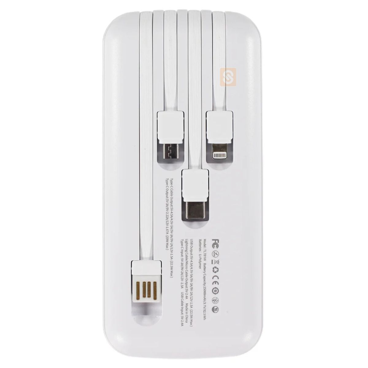 TECNOLAB - Powerbank 25000mAh 225W con Cables Integrados Blanco - SC