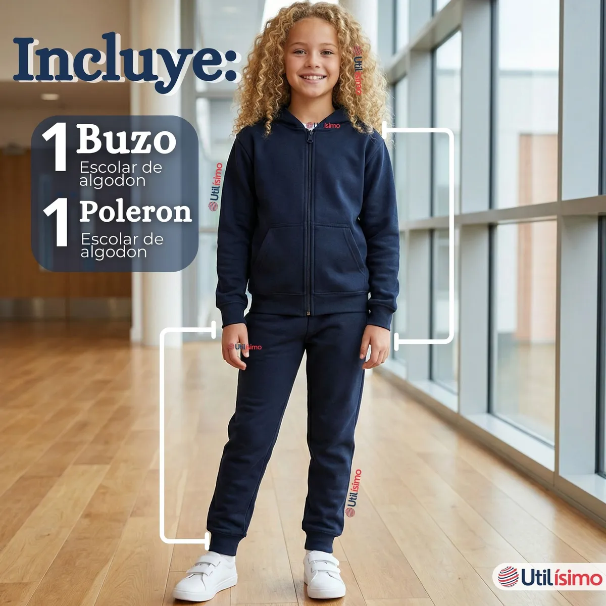 UTILISIMO - Conjunto Escolar Buzo Pantalón Y Polerón 100% Algodón Niña Unisex Azul 3 a 16 años