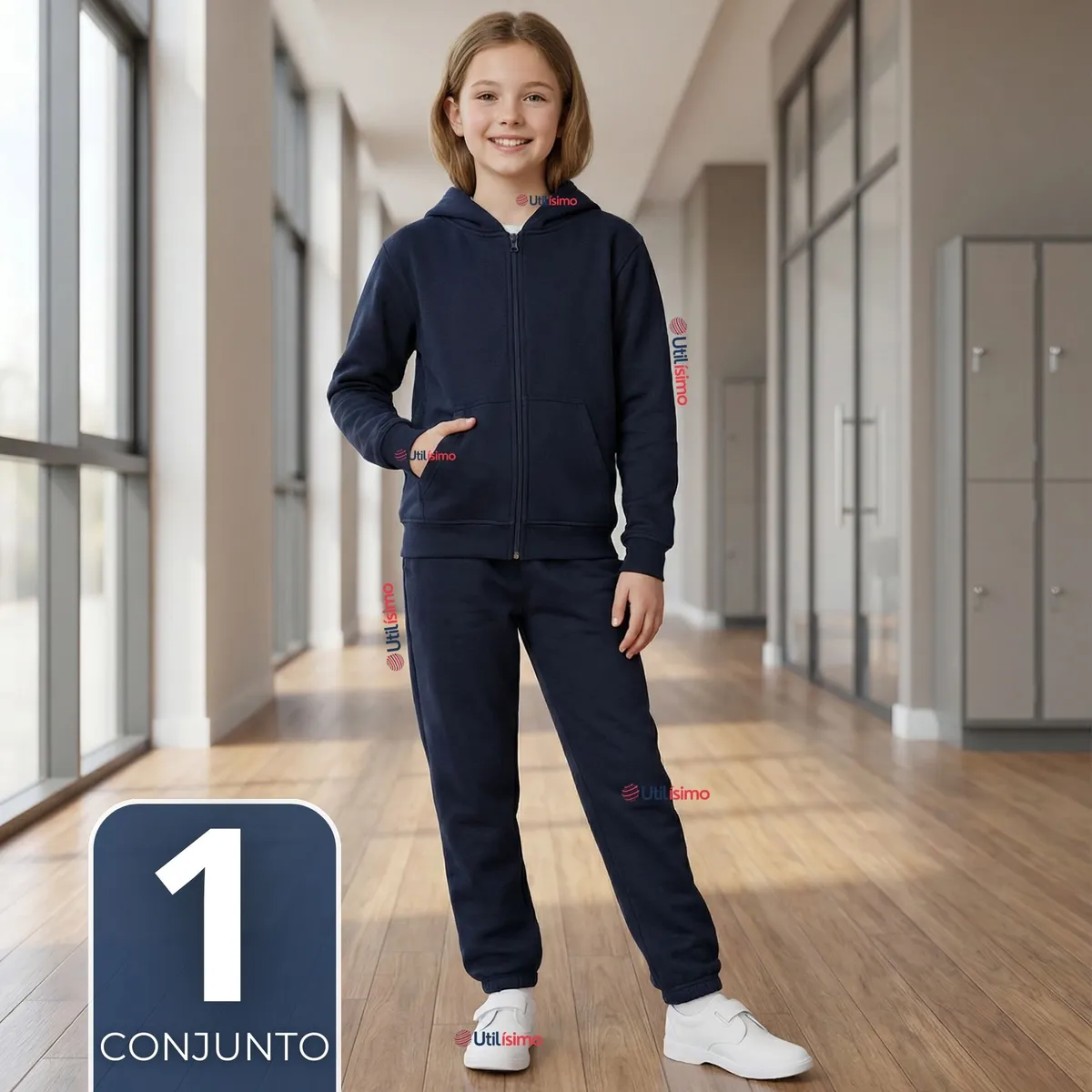 UTILISIMO - Conjunto Escolar Buzo Pantalón Y Polerón 100% Algodón Niña Unisex Azul 3 a 16 años