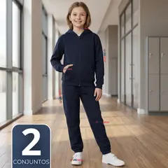 UTILISIMO - Pack 2 Conjuntos Escolares Buzo Pantalón Y Polerón 100% Algodón Niña Unisex Azul 3 a 16 años
