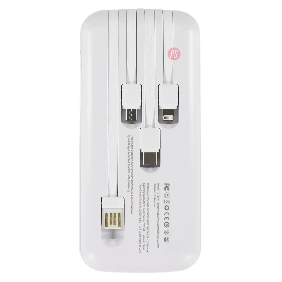 TECNOLAB - Power Bank 15000mAh 22.5W con 4 Cables Integrados Blanco - PS