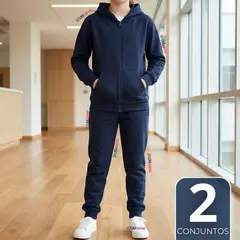 UTILISIMO - Pack 2 Conjuntos Escolares Buzo Pantalón Y Polerón 100% Algodón Unisex Niños Azul 3 a 16 años