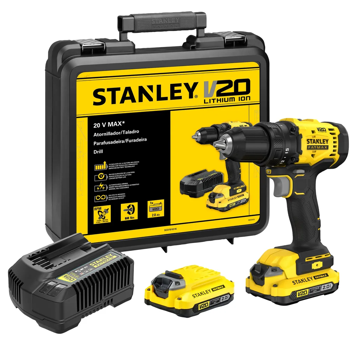 STANLEY - Kit Taladro Atornillador 20V + acces STANLEY SCD701D2K-B2