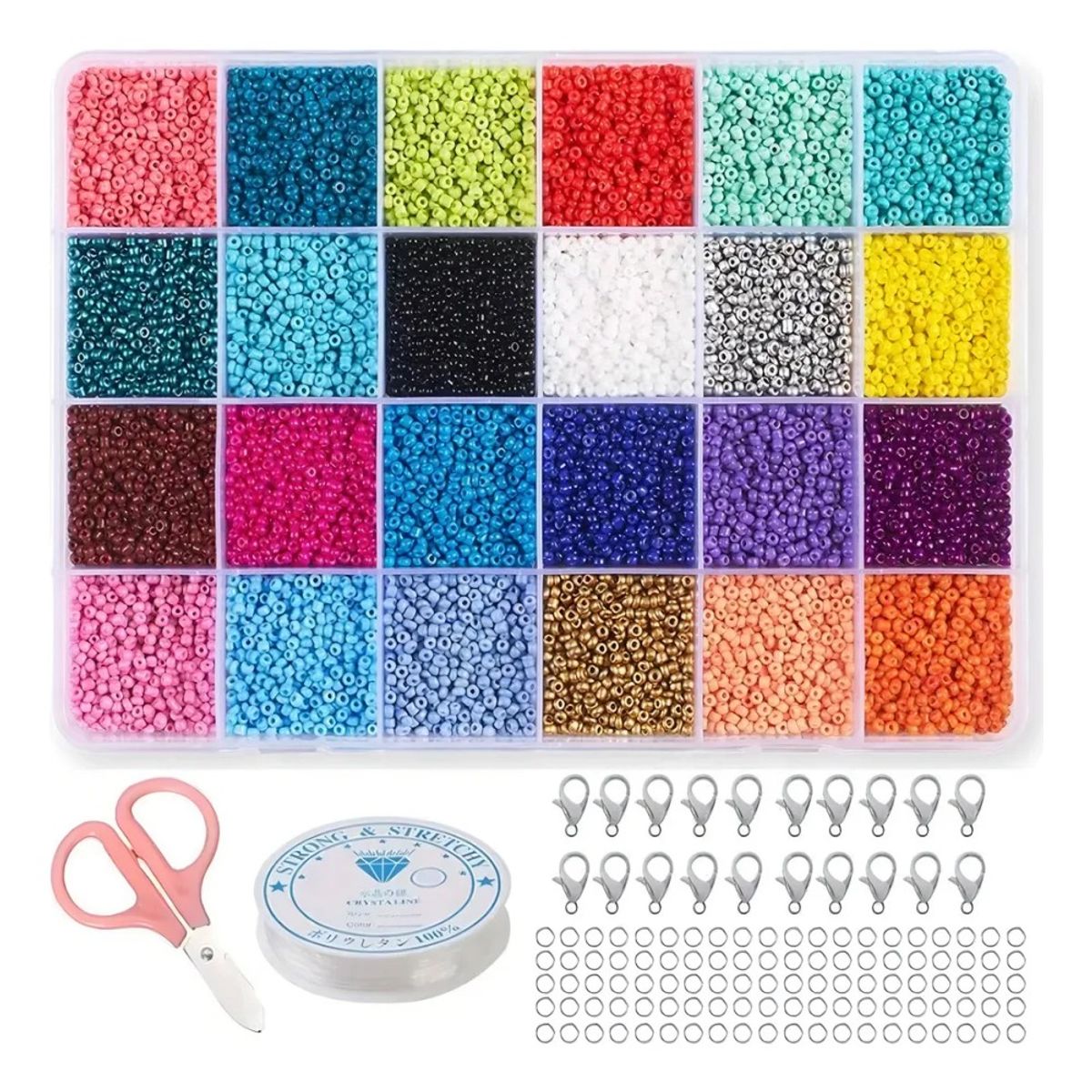 GENERICO - Kit de Mostacillas JKR Home 24 Colores Pulseras Anillos Con Tijera BELUG
