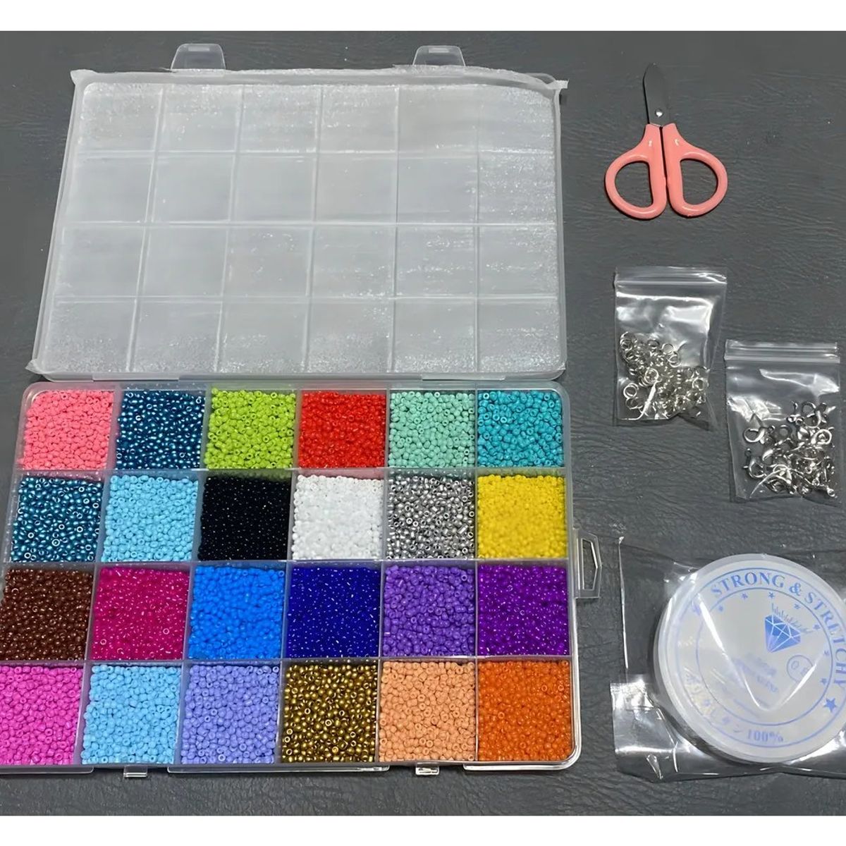 GENERICO - Kit de Mostacillas JKR Home 24 Colores Pulseras Anillos Con Tijera BELUG
