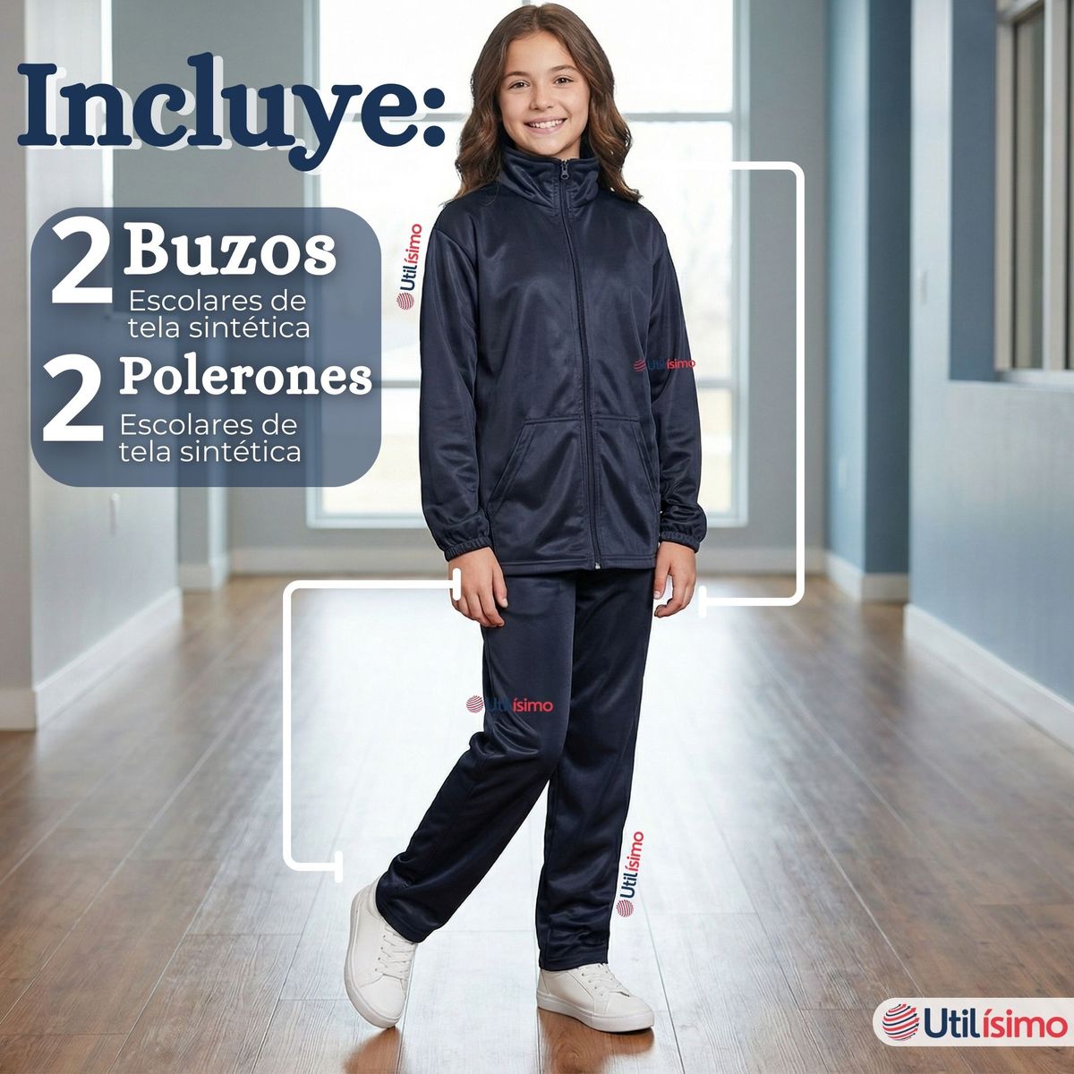 UTILISIMO - Pack 2 Conjuntos Escolares Buzo Pantalón Y Polerón Tela Sintética Niño Unisex Azul 3 a 16 años