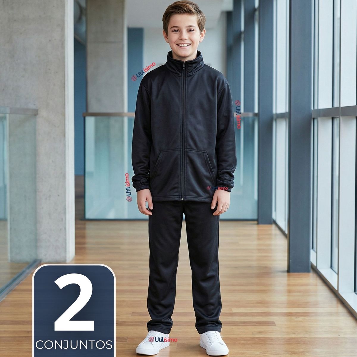 UTILISIMO - Pack 2 Conjuntos Escolares Buzo Pantalón Y Polerón Tela Sintética Niño Unisex Azul 3 a 16 años