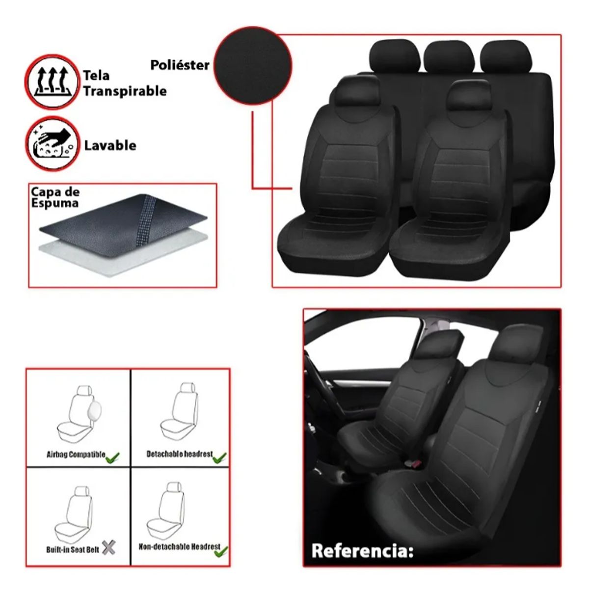 GENERICO - FUNDAS PARA ASIENTOS DE AUTO UNIVERSAL COLOR NEGRO