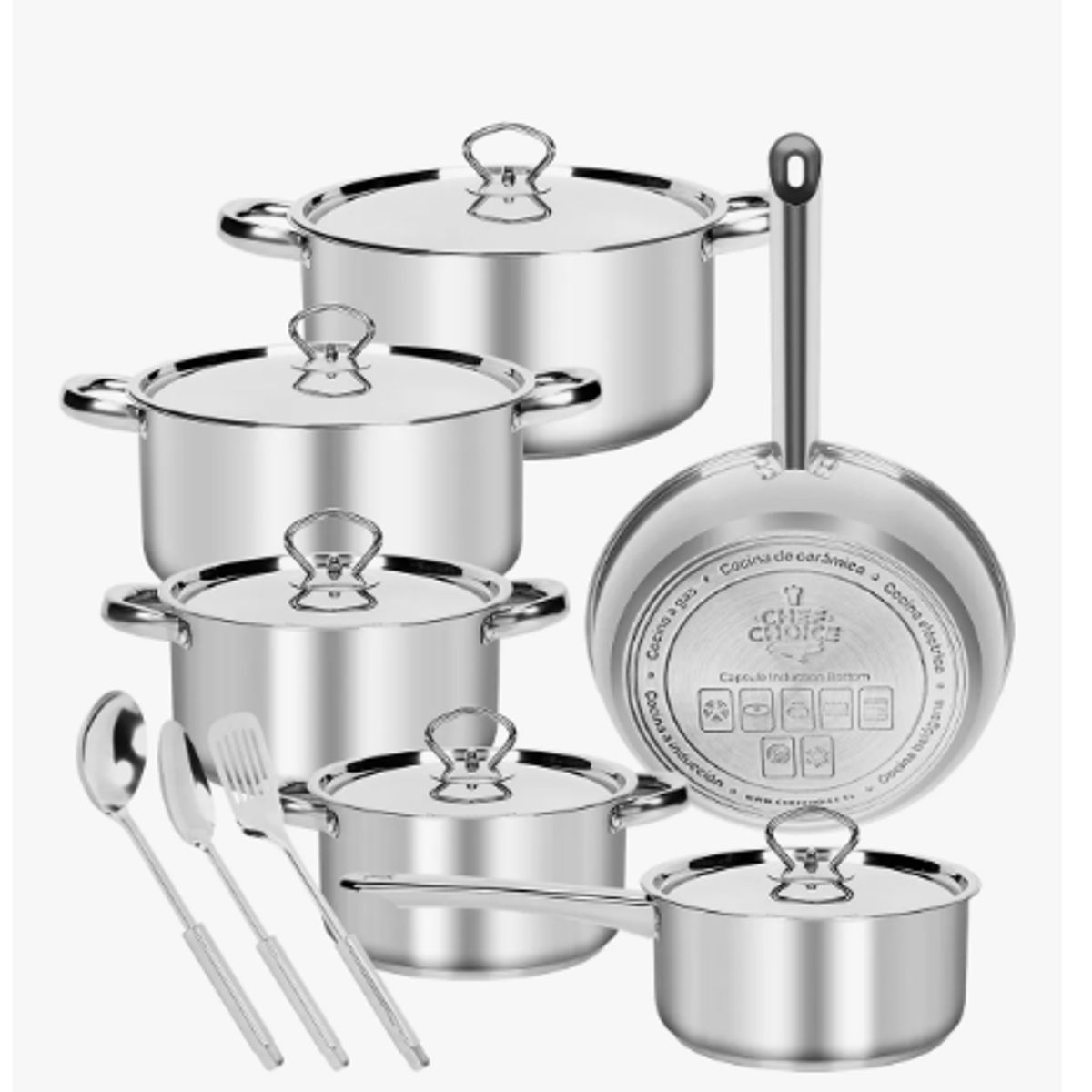GENERICO - Bateria Cocina Cacerolas 15 Piezas Juego De Ollas Acero Inox Plateado