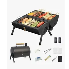 GENERICO - Parrilla Portátil A Carbón Doble Función 38x25cm Barbacoabbq Negro