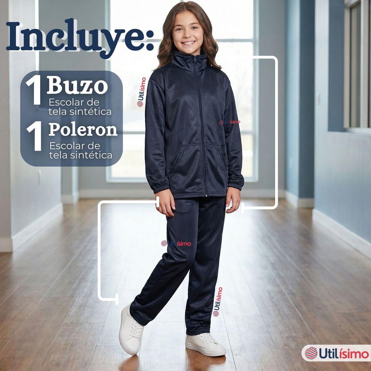 UTILISIMO - Conjunto Escolar Buzo Pantalón Y Polerón Tela Sintética Niño Unisex Azul 3 a 16 años