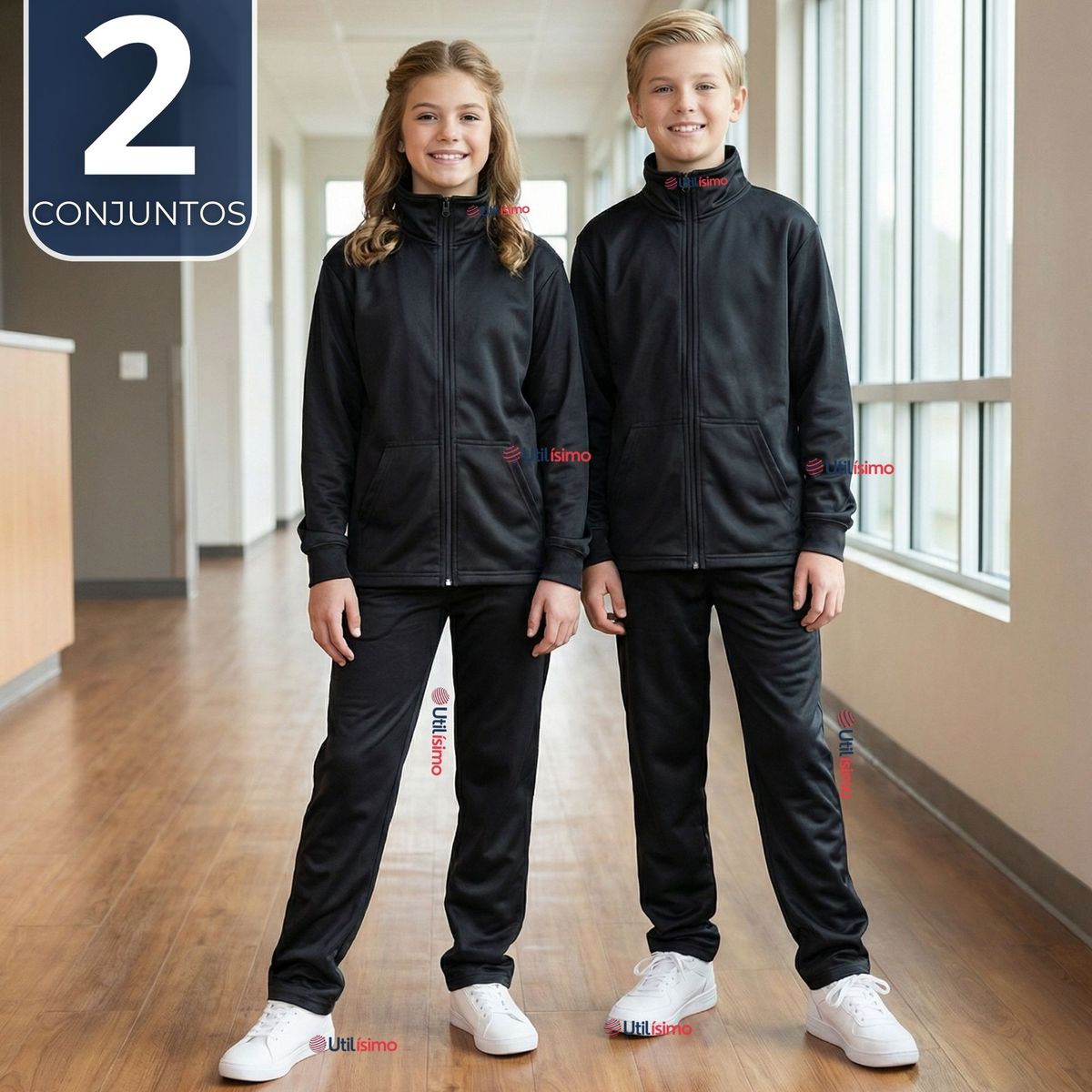 UTILISIMO - Pack 2 Conjuntos Escolares Buzo Pantalón Y Polerón Tela Sintética Niño Unisex Azul 3 a 16 años