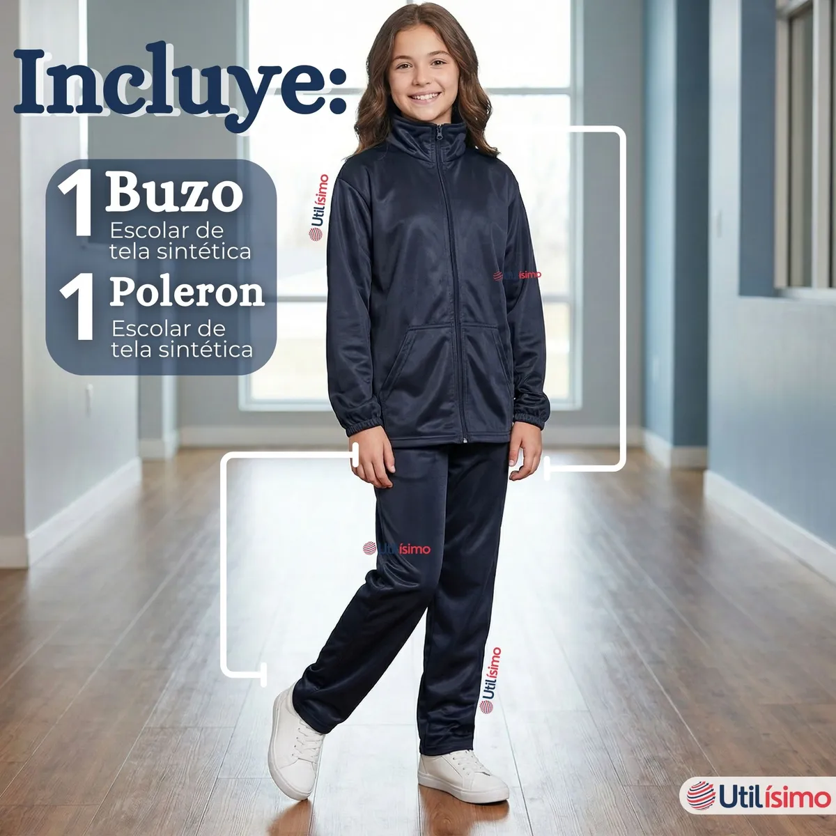 UTILISIMO - Conjunto Escolar Buzo Pantalón Y Polerón Tela Sintética Niño Unisex Azul 3 a 16 años