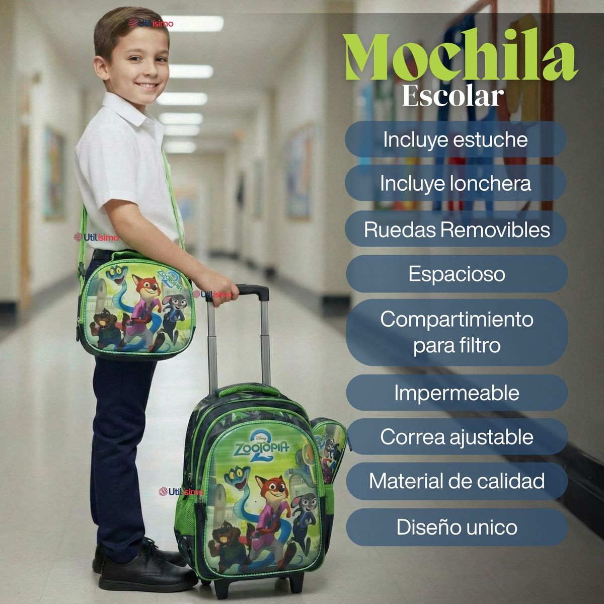 UTILISIMO - Mochila Escolar Zootopia Con Ruedas Desmontables + Estuche + Lonchera Niño Poliéster