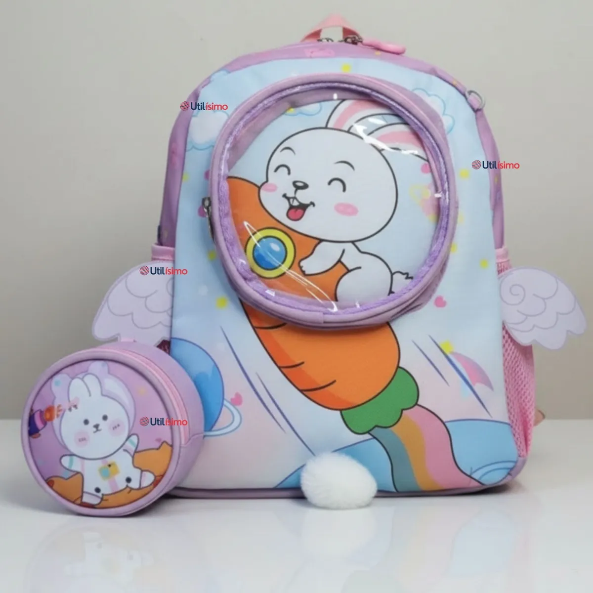 UTILISIMO - Mochila Escolar Con Estuche 33cm Poliéster Impermeable Conejita Niña