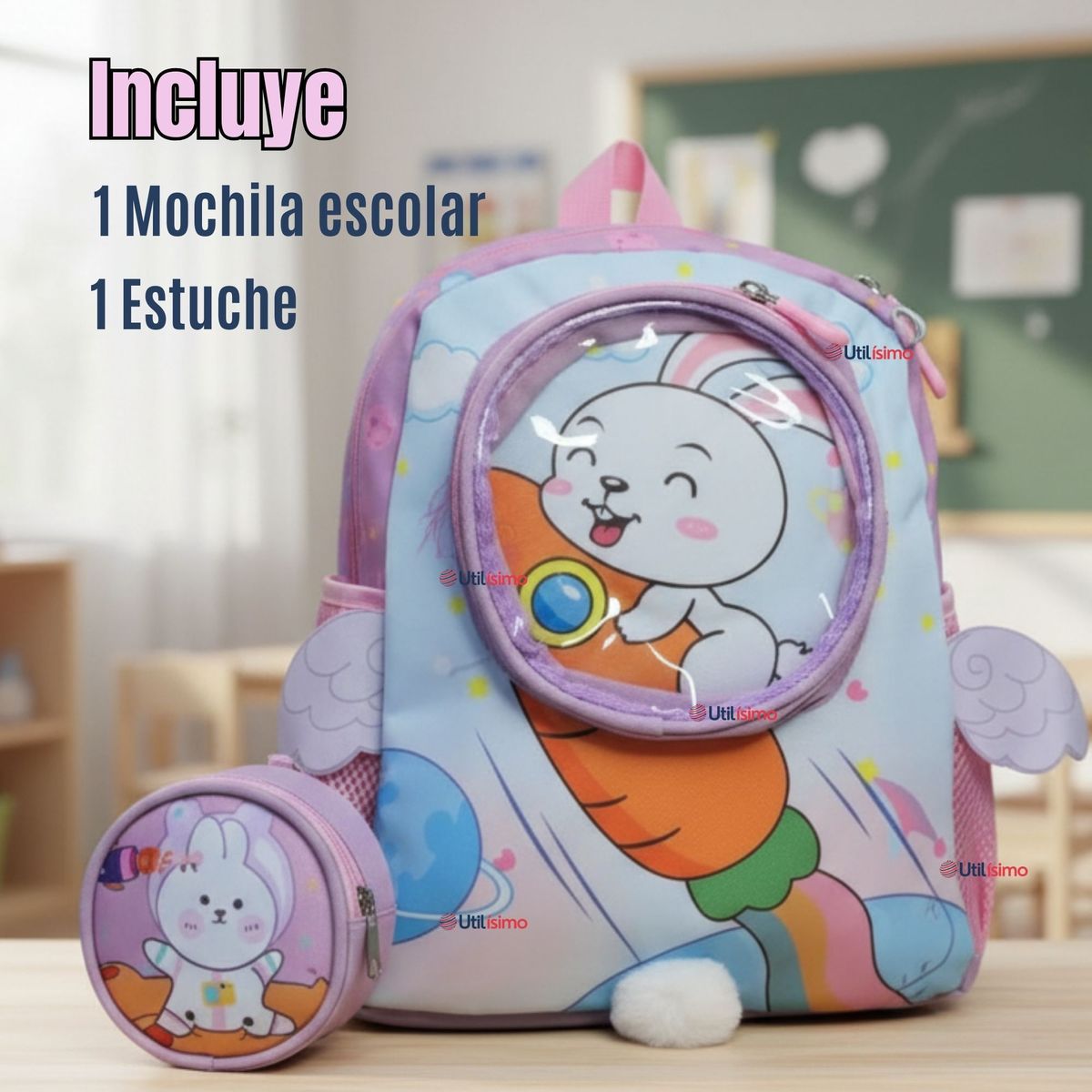 UTILISIMO - Mochila Escolar Con Estuche 33cm Poliéster Impermeable Conejita Niña