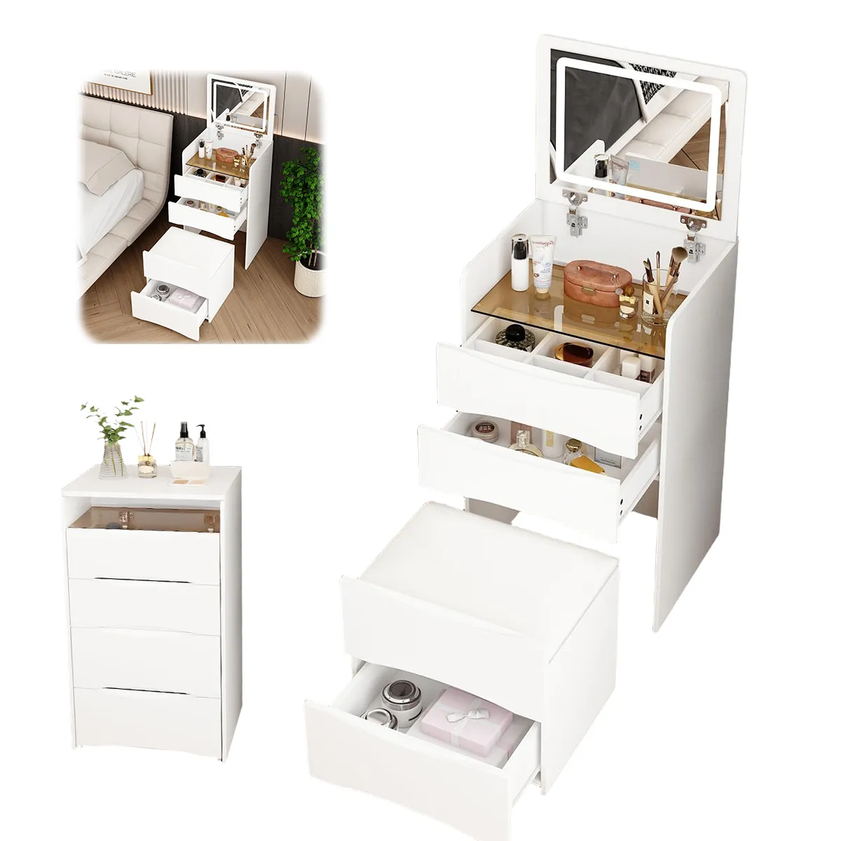 WUWAWDOGA - Tocador Madera Con Espejo Luz Moderno Con Taburete Blanco 120x60x40cm