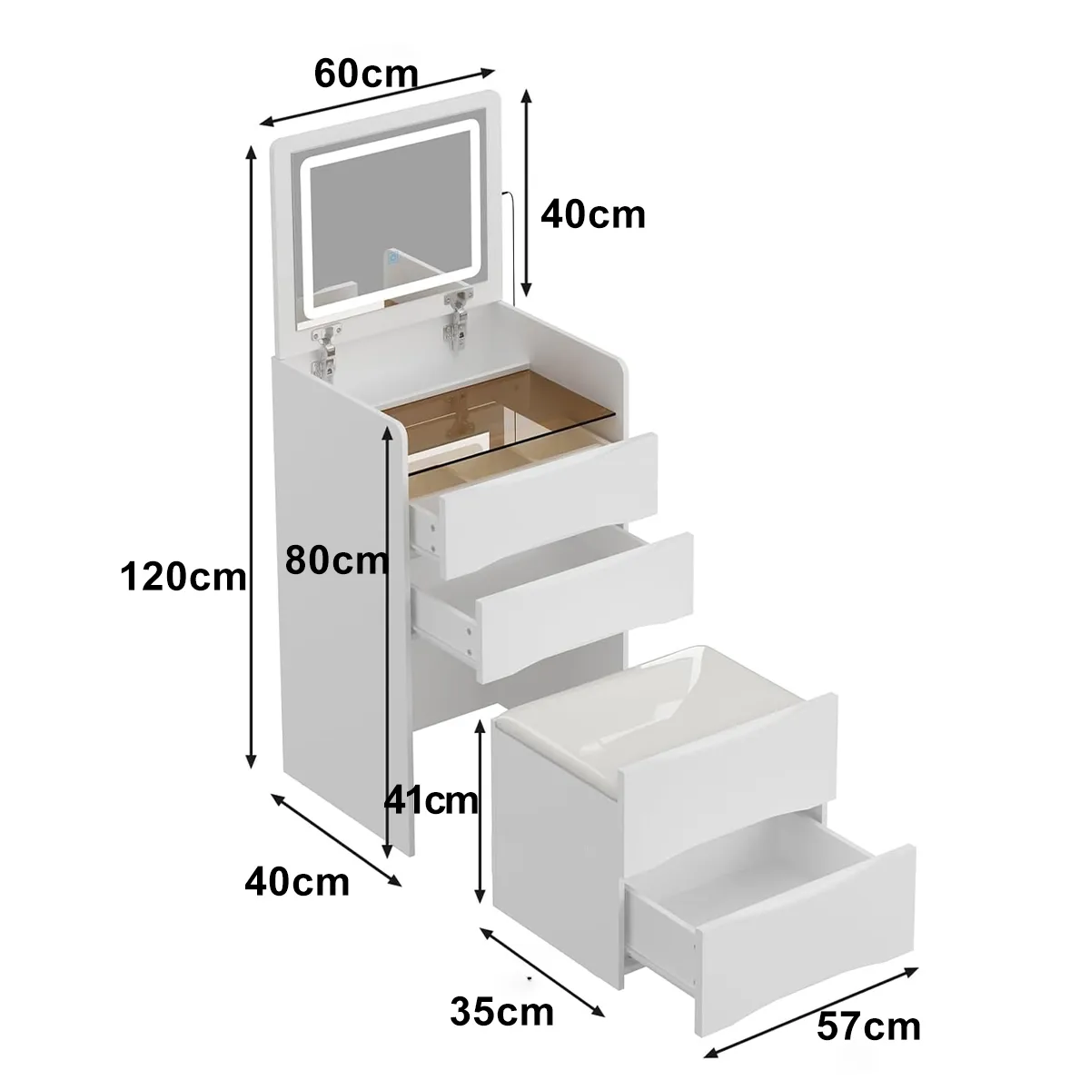 WUWAWDOGA - Tocador Madera Con Espejo Luz Moderno Con Taburete Blanco 120x60x40cm