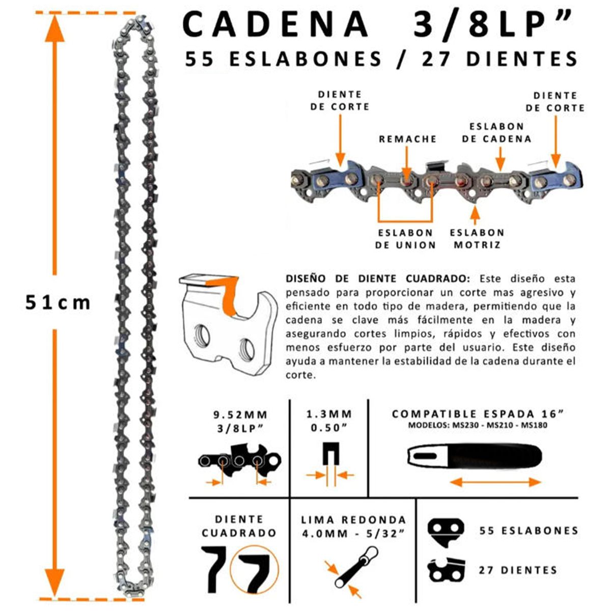 KINDA NICE - Cadena Para Stihl Ms210 16puLG 3/8lp 0.50 55 Esl
