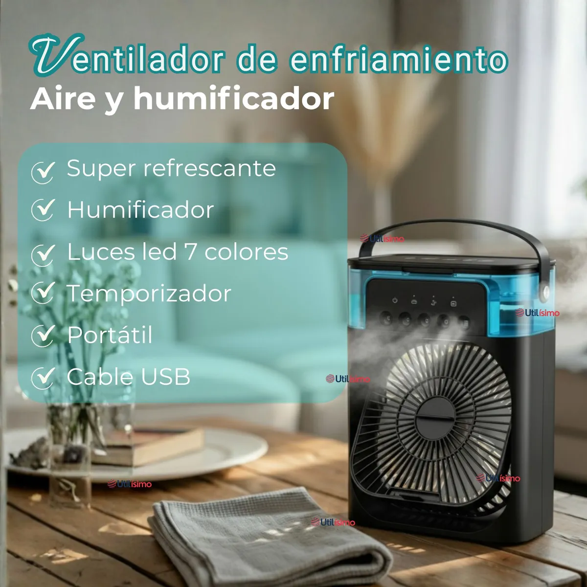 LINE - Climatizador Portátil Frío 4 en 1 Ventilador Humificador Enfriador Lampara LED USB Negro