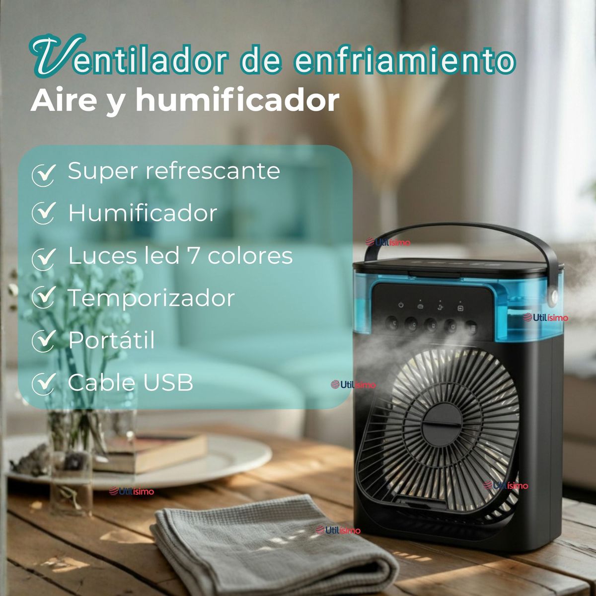 LINE - Climatizador Portátil Frío 4 en 1 Ventilador Humificador Enfriador Lampara LED USB Negro