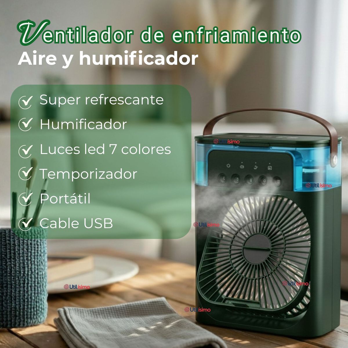 LINE - Climatizador Portátil Frío 4 en 1 Ventilador Humificador Enfriador Lampara LED USB Verde