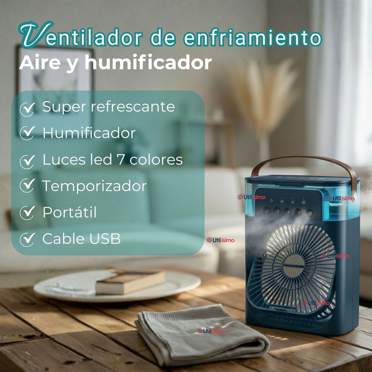 LINE - Climatizador Portátil Frío 4 en 1 Ventilador Humificador Enfriador Lampara LED USB Azul