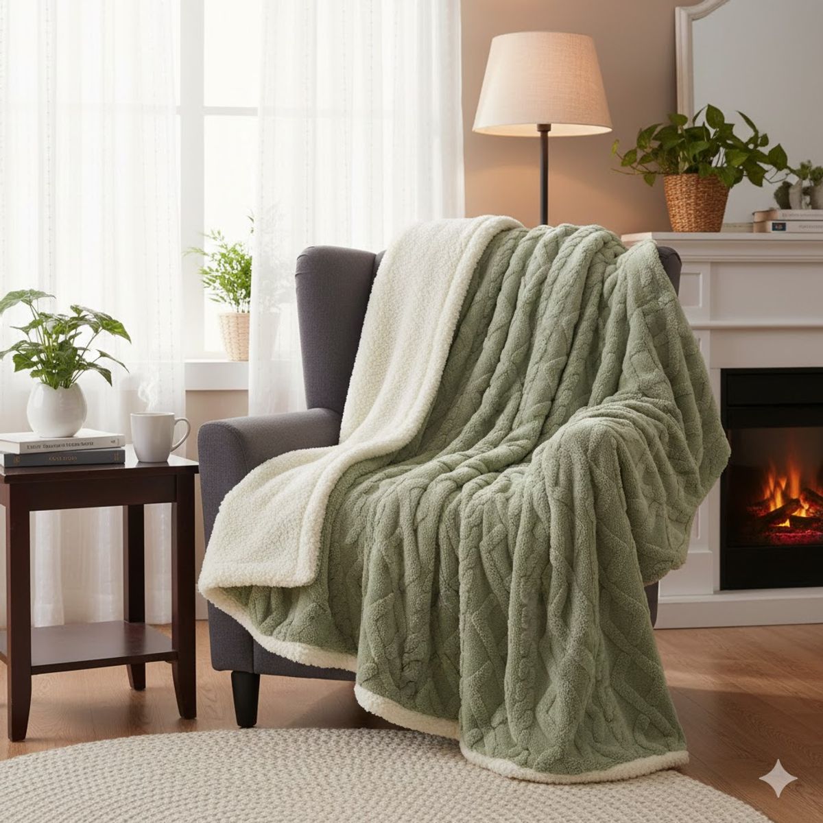 DIANA - FRAZADA TEXTURIZADA TAMAÑO KING 210CM X 230CM COLOR LISO VERDE DISEÑO TRENZADO