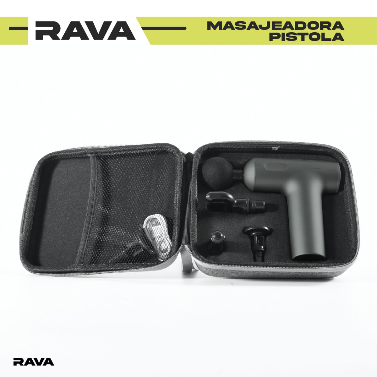 RAVA - Pistola Masaje Muscular PRO 5 Cabezales 5 Niveles Rava Kiosclub