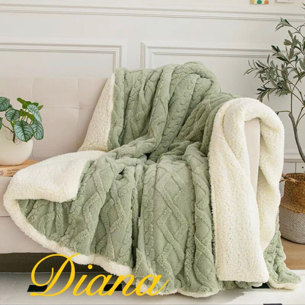 DIANA - FRAZADA TEXTURIZADA TAMAÑO 2 PLAZA 180CM X 190CM UNICOLOR VERDE DISEÑO TRENZADO