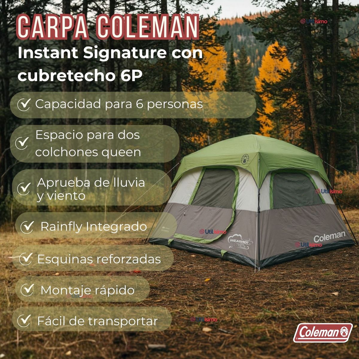 COLEMAN - Carpa Coleman Instant Signature con cubretecho 6 Personas Camping