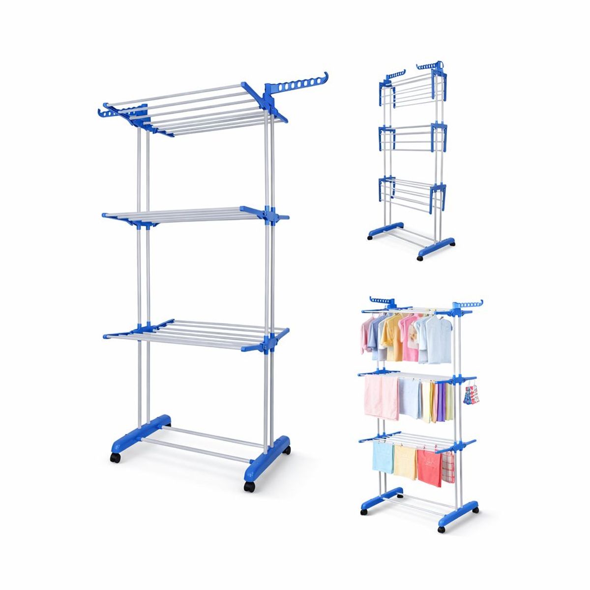 GENERICO - Tendedero Multifuncional Plegable de 3 Niveles con Ruedas Giratorias Gran Capacidad XL 6 alas