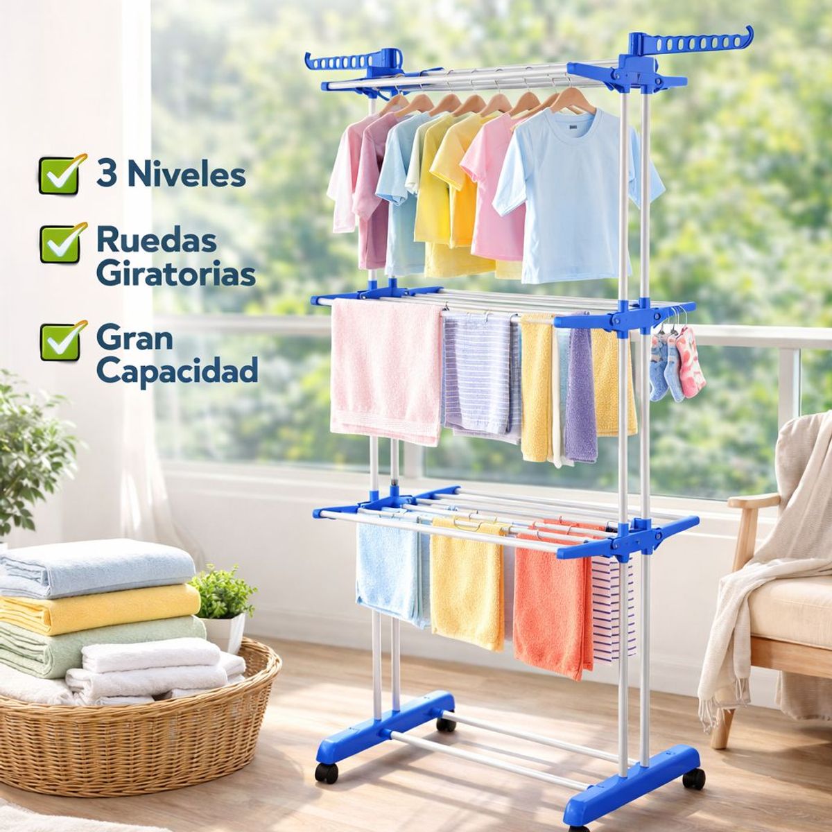 GENERICO - Tendedero Multifuncional Plegable de 3 Niveles con Ruedas Giratorias Gran Capacidad XL 6 alas