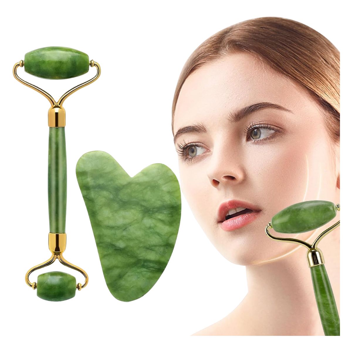 GENERIC - Masajeador Facial Rodillo Jade Masaje Facial + Piedra Guasha
