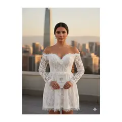 COMPUTECH - Vestido Blanco Matrimonio Boda Civil Elegante Corto Encaje