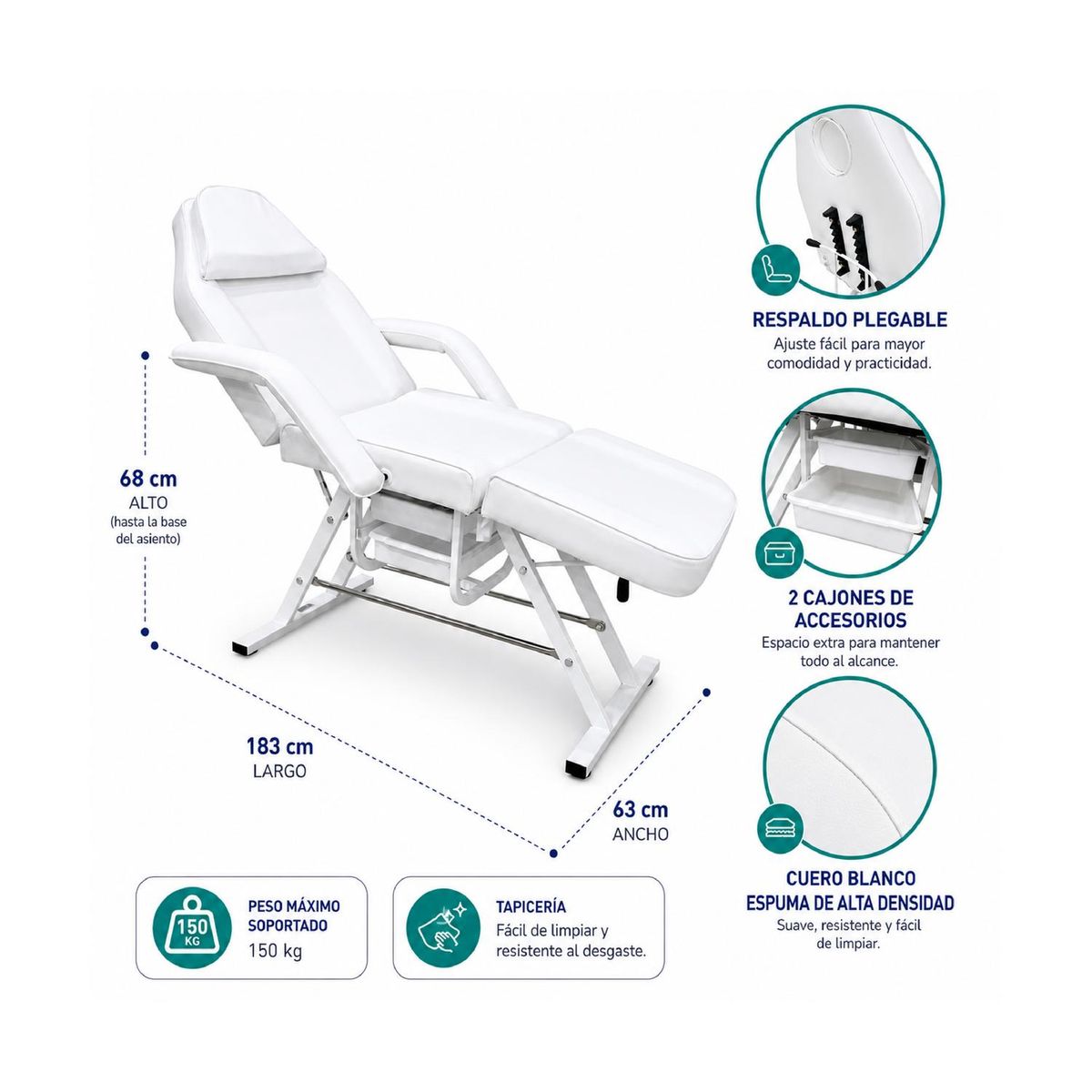 MAXCARE - Sillón Camilla Cosmetologica Manual Standar - Blanco