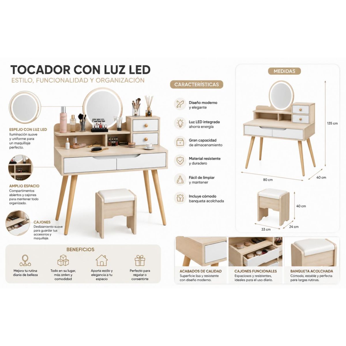 GENERICO - Tocador Con Espejo De Luz Led Y Taburete Arce 80x40x130cm