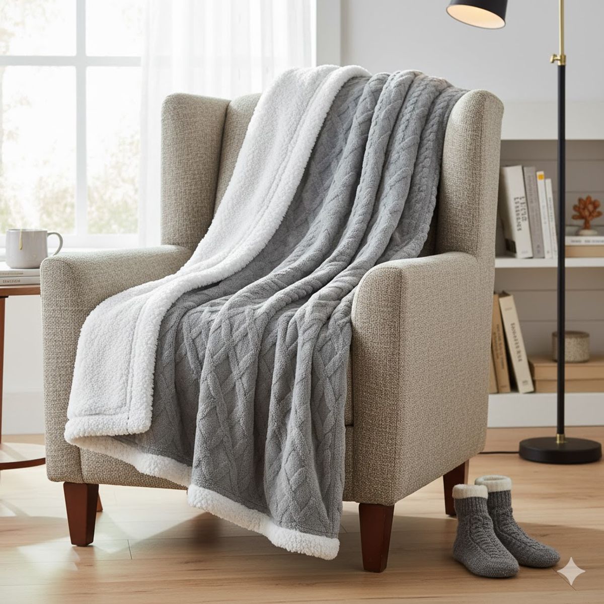 DIANA - FRAZADA TEXTURIZADA TAMAÑO 1.5 PLAZA 150CM X 180CM UNICOLOR GRIS CLARO DISEÑO TRENZADO