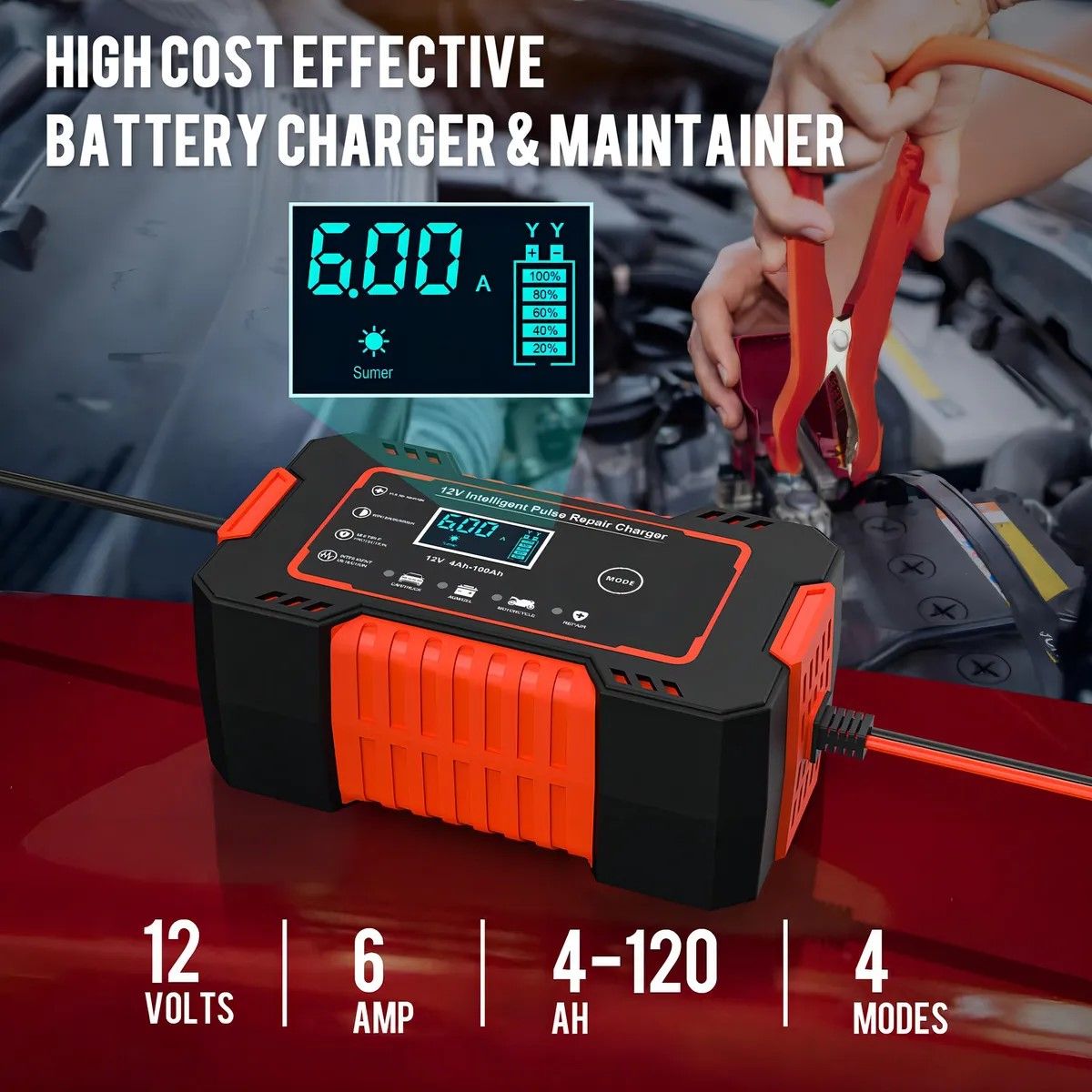 GENERICO - Cargador de Batería 12V 6A JS Logia para Auto Moto Rojo
