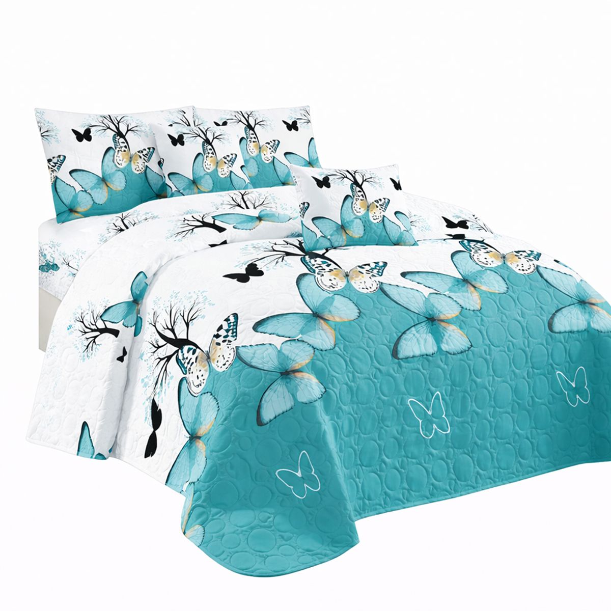 GENERICO - Cubrecama 2 Plazas Turquesa con Mariposas de Verano