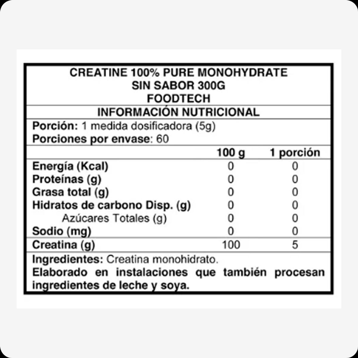 FOODTECH - Creatina Monohidratada Foodtech - 300 gr 60 servicios