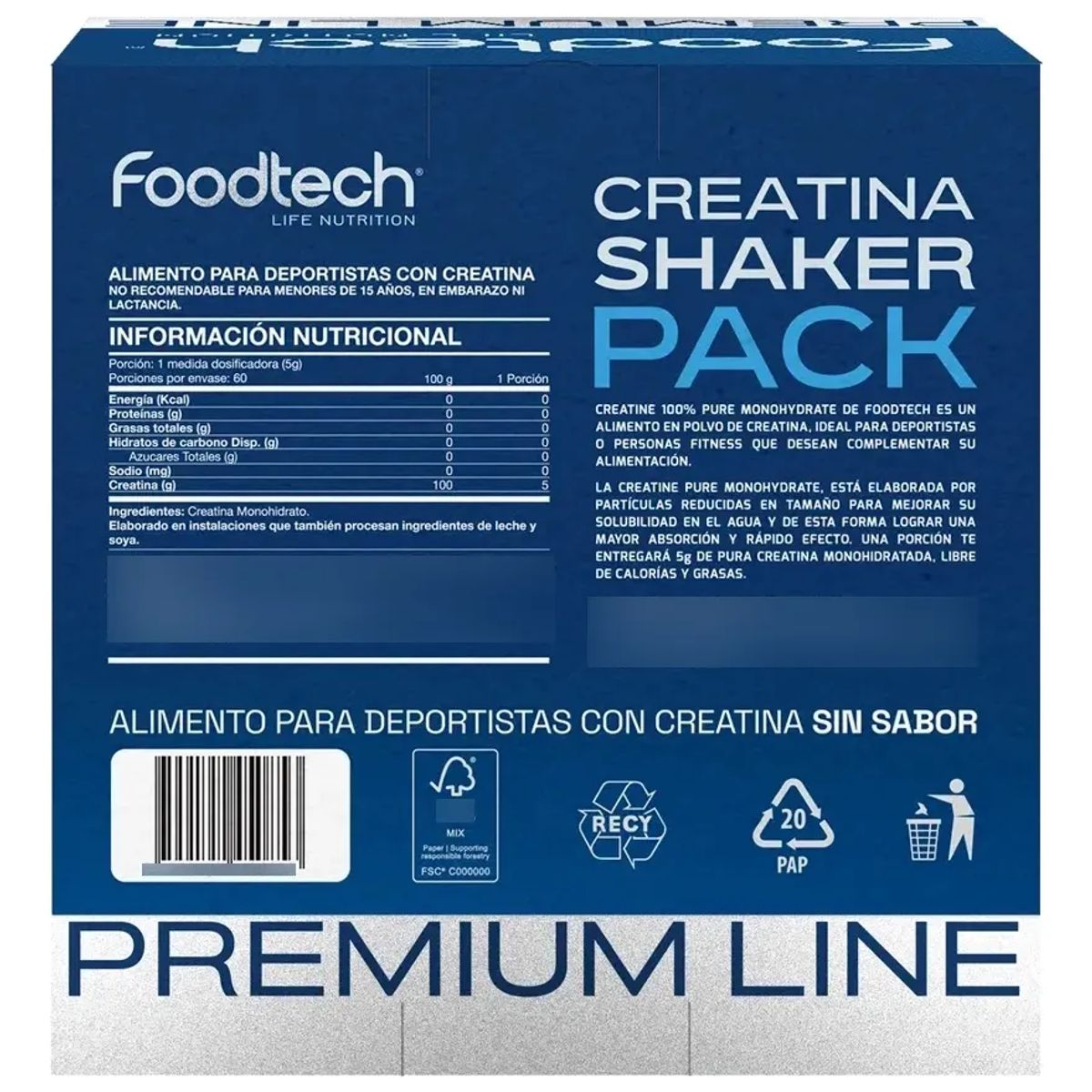 FOODTECH - Creatina Monohidratada + Shaker Foodtech - 300 gr 60 servicios