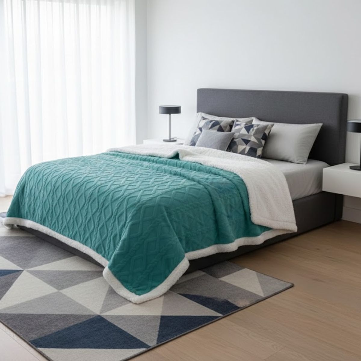 DIANA - FRAZADA TRENZADAS UNICOLOR TURQUESA CON CHIPORRO TAMAÑO KING 210CM X 230CM_.