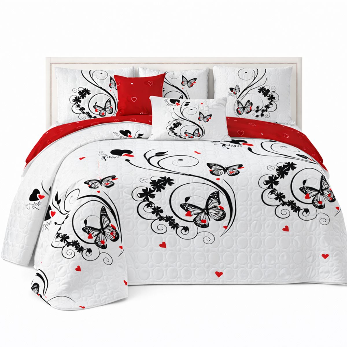 GENERICO - Cubrecama de Verano Blanco con Rojo Mariposas 2 Plazas