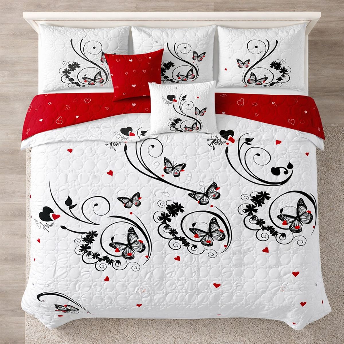 GENERICO - Cubrecama de Verano Blanco con Rojo Mariposas 2 Plazas