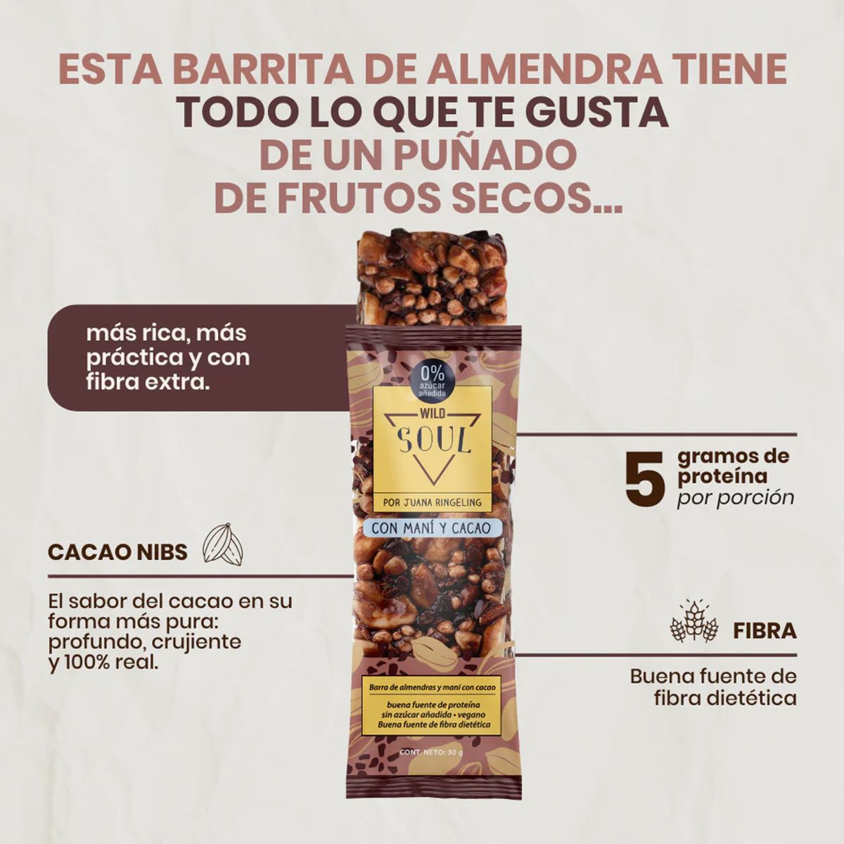 WILD FOODS - Barra de cereal Wild Soul bar - Cacao Almendra Maní 16 unidades