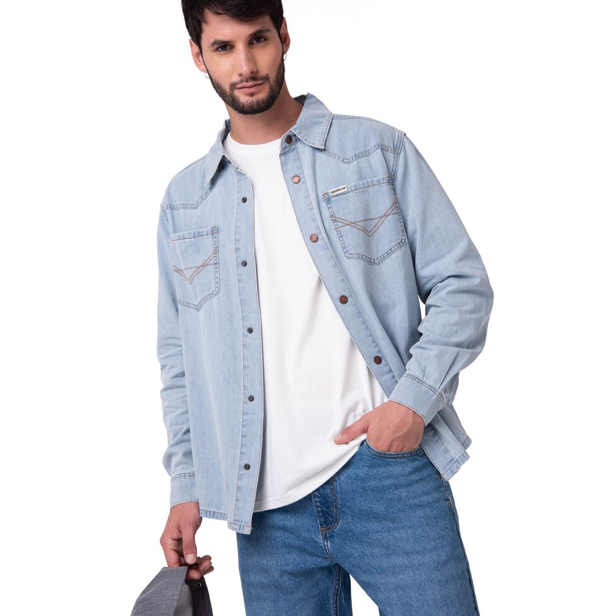 CAT - Camisa Denim Manga Larga Hombre Western Celeste CAT