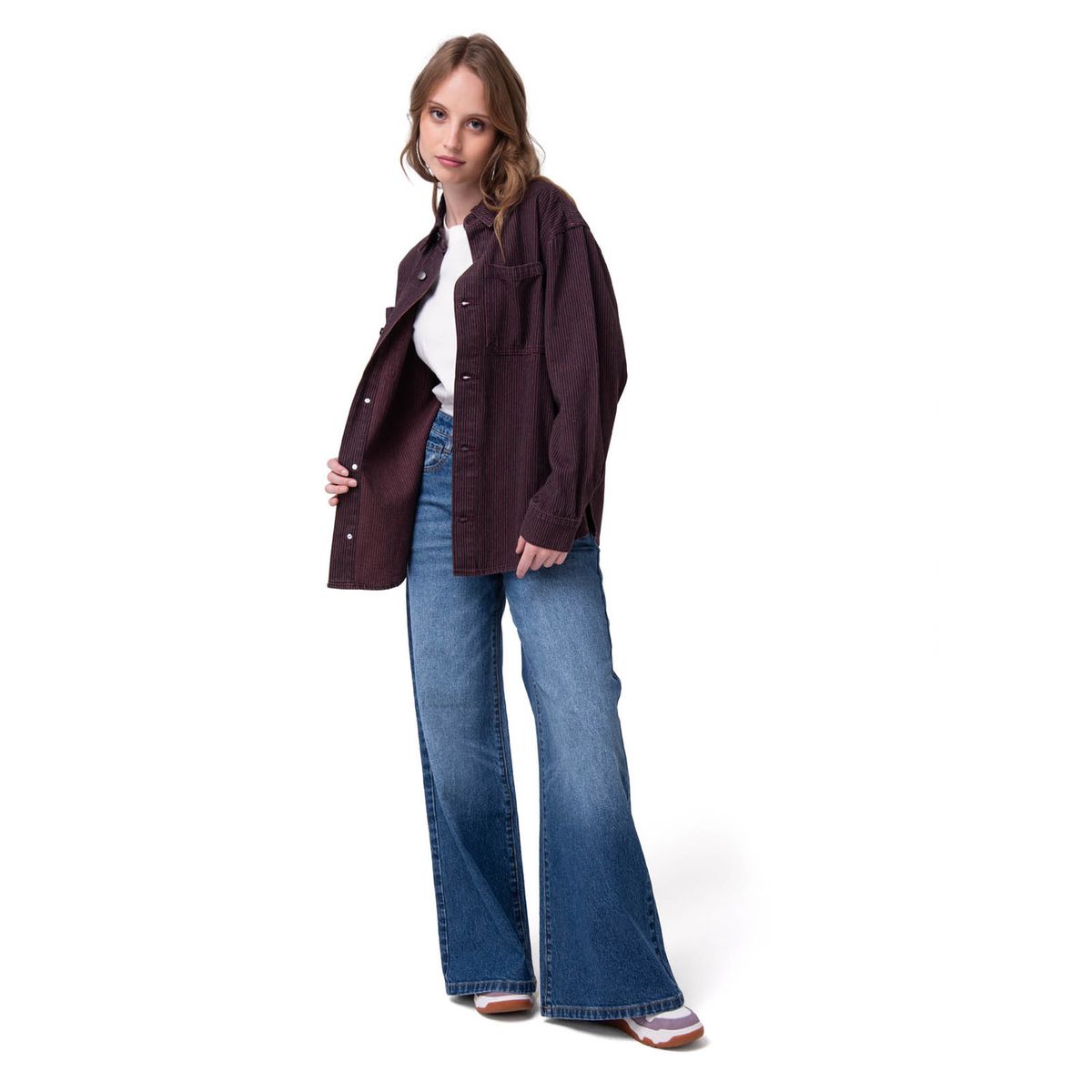CAT - Camisa Denim Mujer Oversized Lineas Burdeo CAT