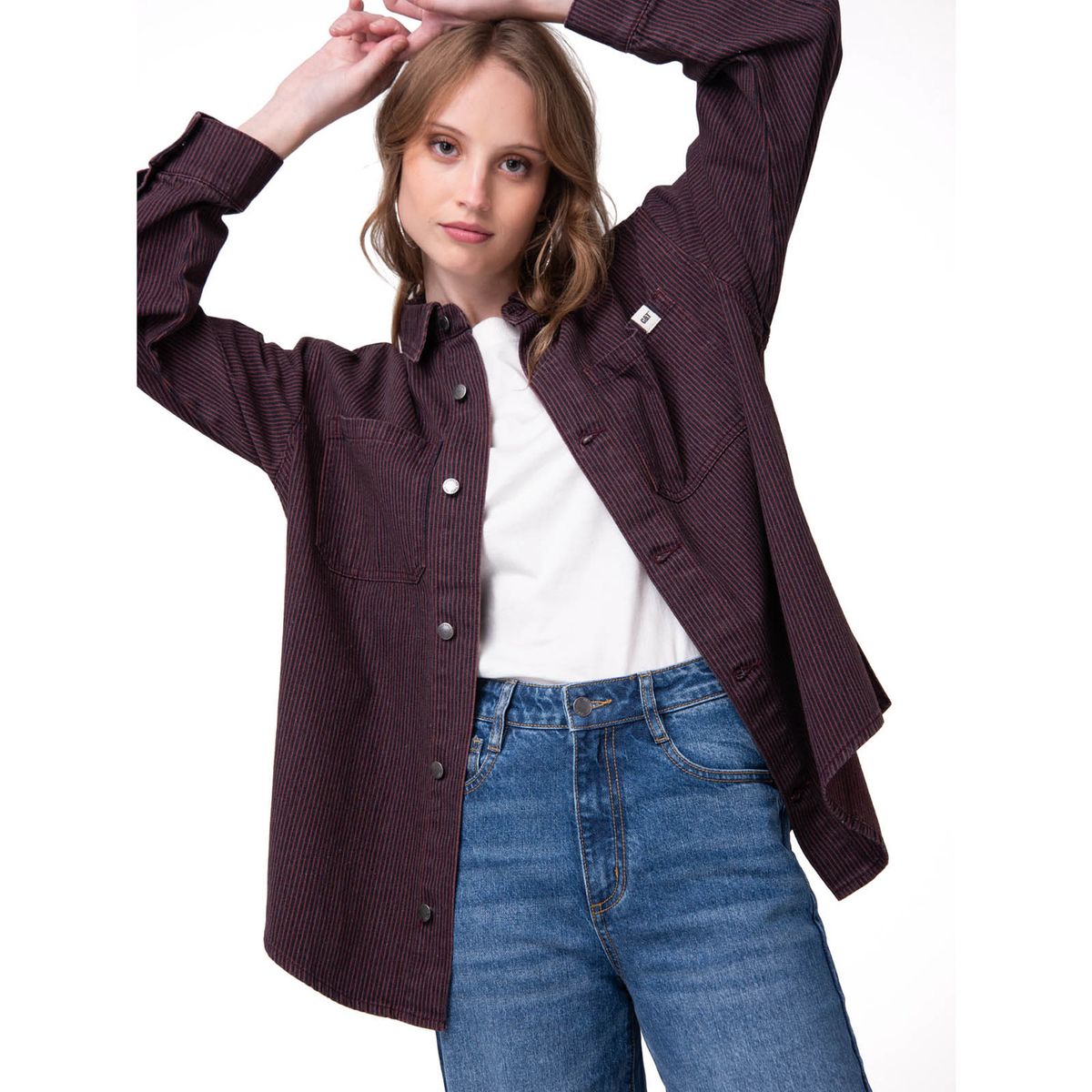 CAT - Camisa Denim Mujer Oversized Lineas Burdeo CAT